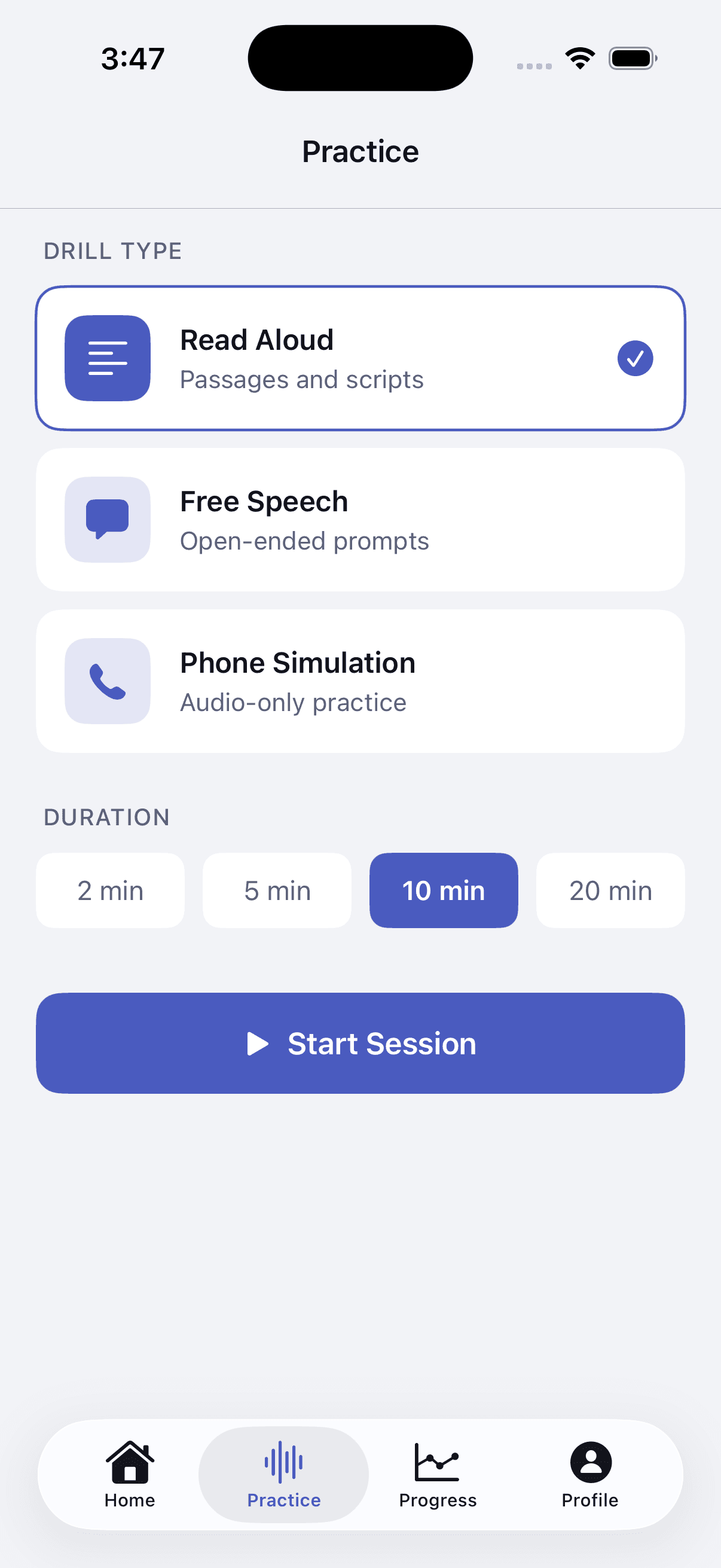 SpeechSynk Practice screen with Read Aloud, Free Speech and Phone Simulation exercises.